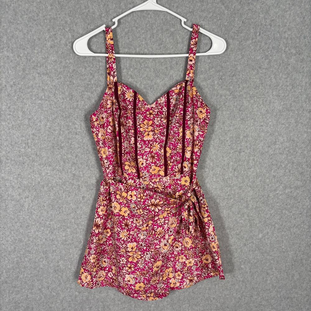 Band of the Free Romper XS Pink Floral Ruffle Wrap Tie Skirt Smocked Boho Resort